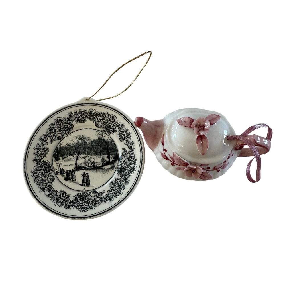 S Miniature Teapot Plate Ornaments OS White Pink Excellent Floral Winter Scene